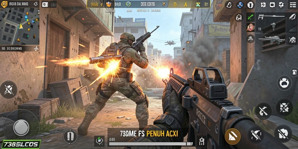 Tangkapan layar menunjukkan aksi intens di dunia FPS.