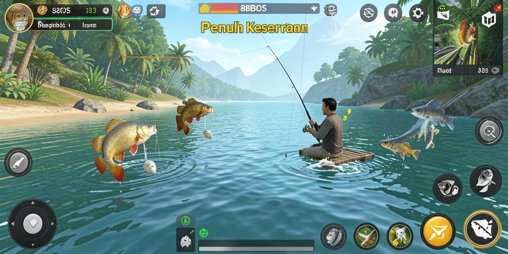 Tampilan gameplay 88BOS dengan aksi memancing seru dan ikan yang beragam.
