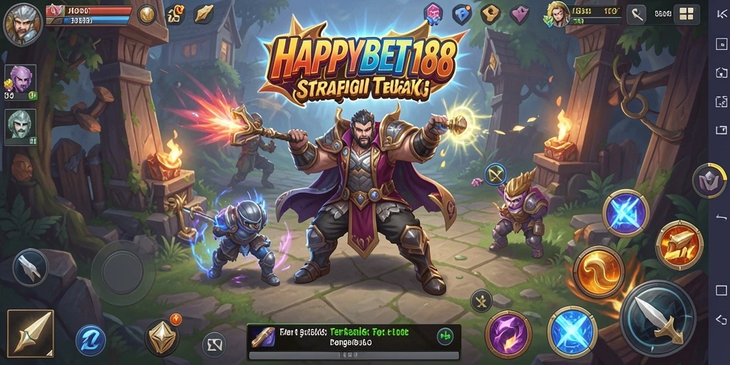 Screenshot utama <strong>HAPPYBET188</strong> menampilkan aksi strategi dalam pertempuran.