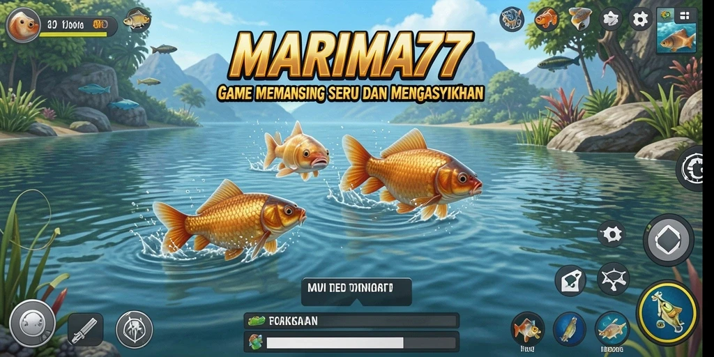 Screenshot gameplay MARIMA77 menunjukkan aksi memancing yang mendebarkan.