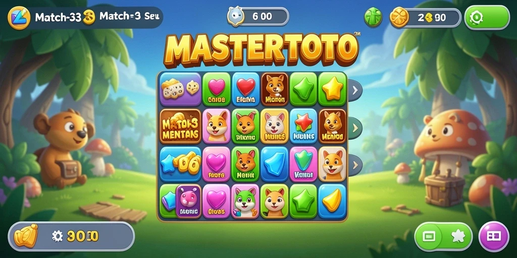Tangkapan layar MASTERTOTO menampilkan gameplay match-3 yang menarik dan seru.
