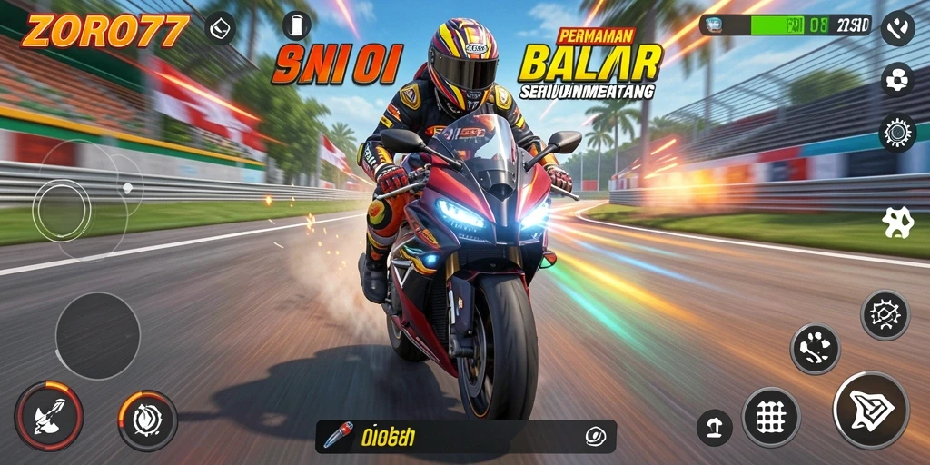 Screenshot gameplay ZORO77 menunjukkan aksi balap motor yang mendebarkan.